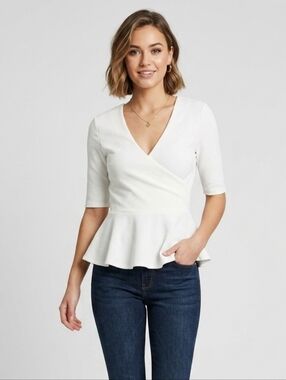 ASOS Design Ivory Textured Wrap Peplum Top - Size US 2 (XS) #150